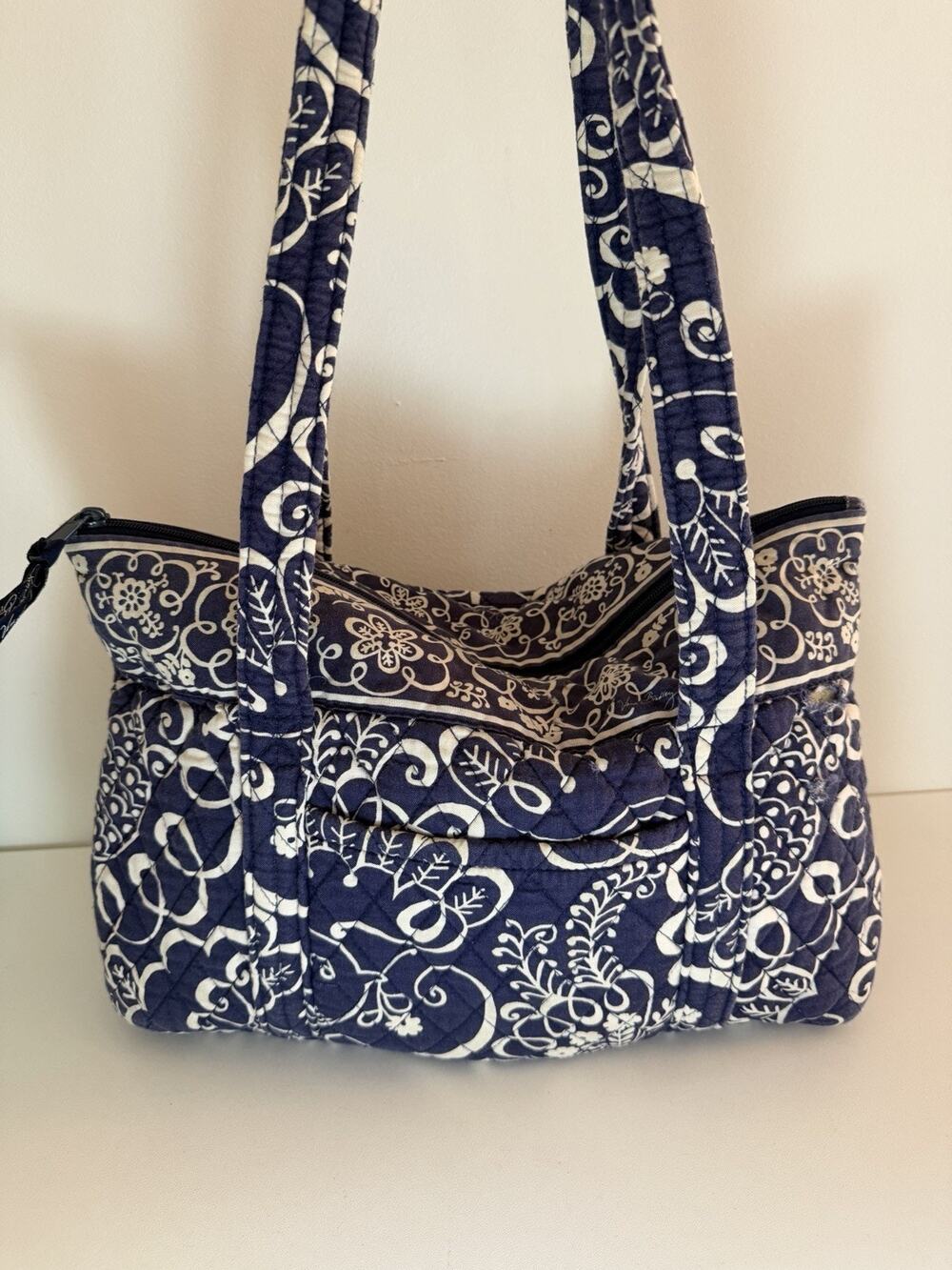 Vera Bradley Retired Twirly Birds Navy Floral Zip Tote Shoulder Bag Pocket *flaw
